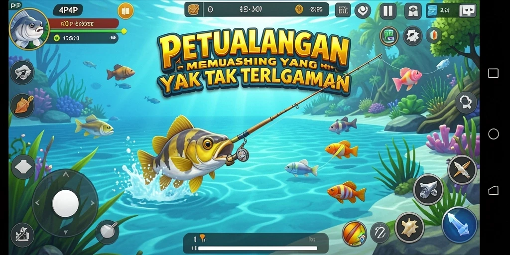 Tangkapan layar 4P4P menunjukkan gameplay memancing yang mendebarkan.