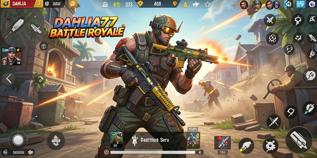 Screenshot DAHLIA77 menampilkan pertarungan Multiplayer yang mendebarkan di arena Battle Royale.