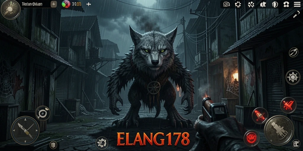 Screenshot gameplay ELANG178 menampilkan suasana mencekam dalam kegelapan.