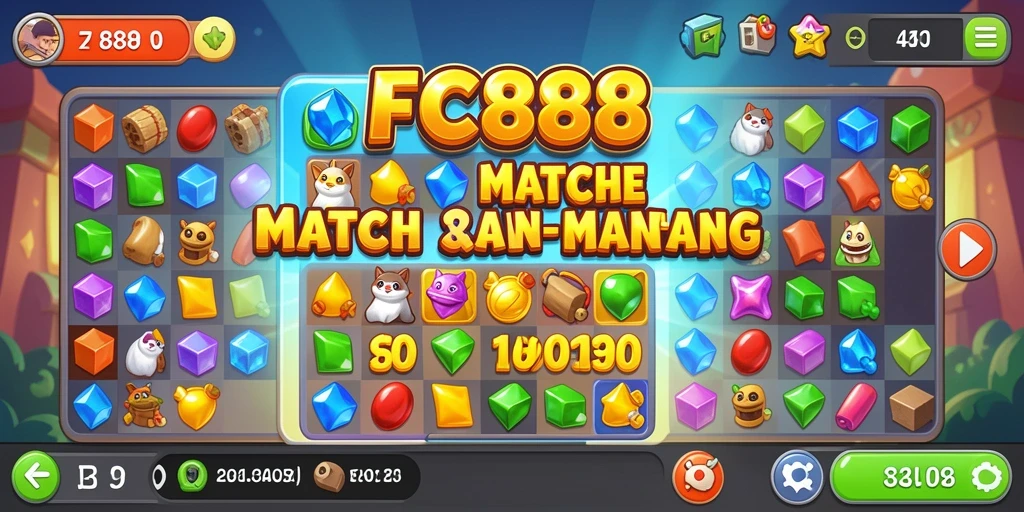 Screenshot gameplay FC888 dengan elemen Match-3 berwarna-warni.