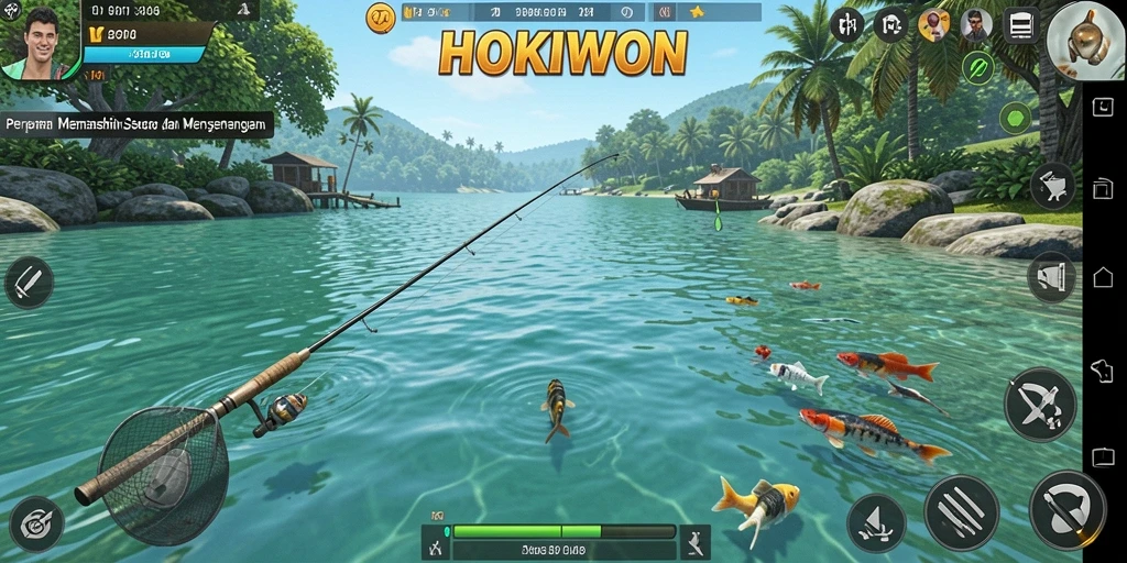 Tampilan gameplay HOKIWON yang menampilkan aktivitas memancing.