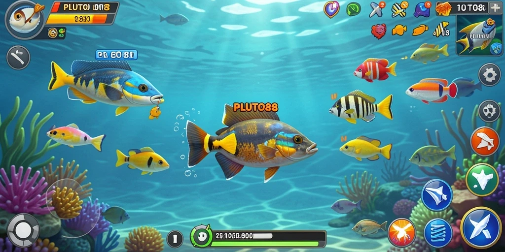 Screenshot PLUTO88 menampilkan aksi menembak ikan yang menegangkan.