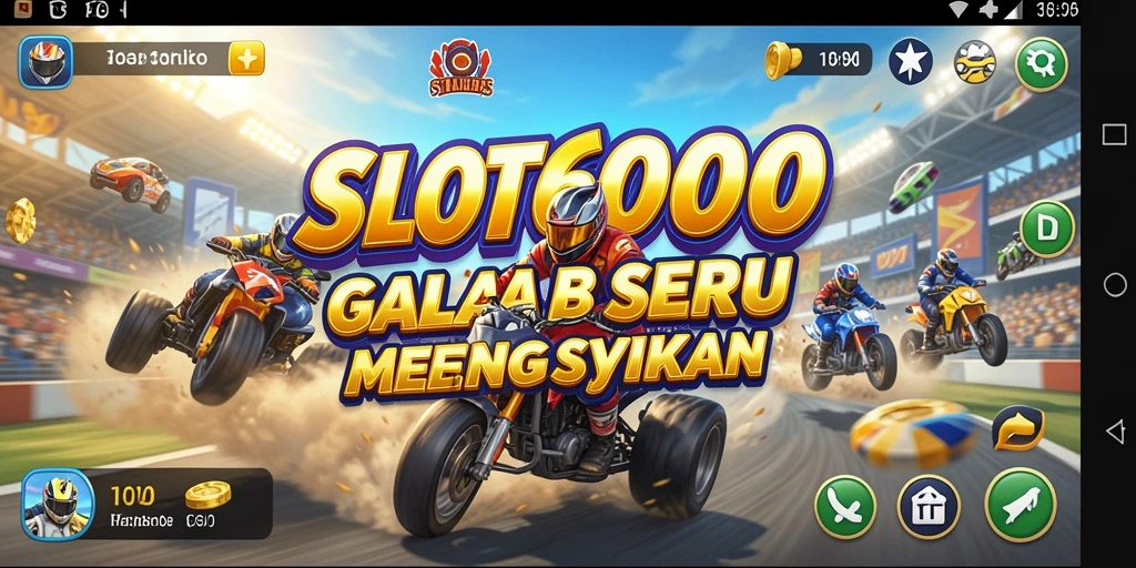 Screenshot gameplay SLOT6000 yang menampilkan aksi balap yang mendebarkan.